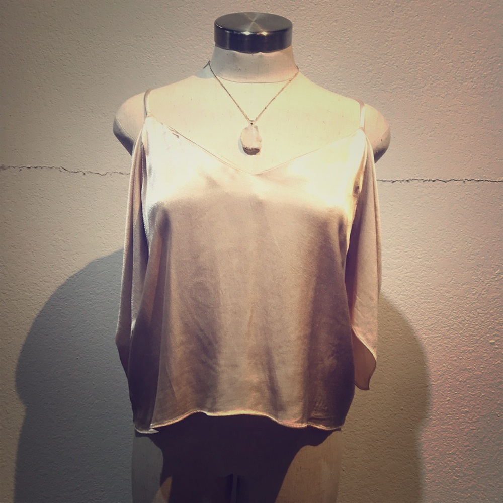 Blush pink silk off the shoulder shirt